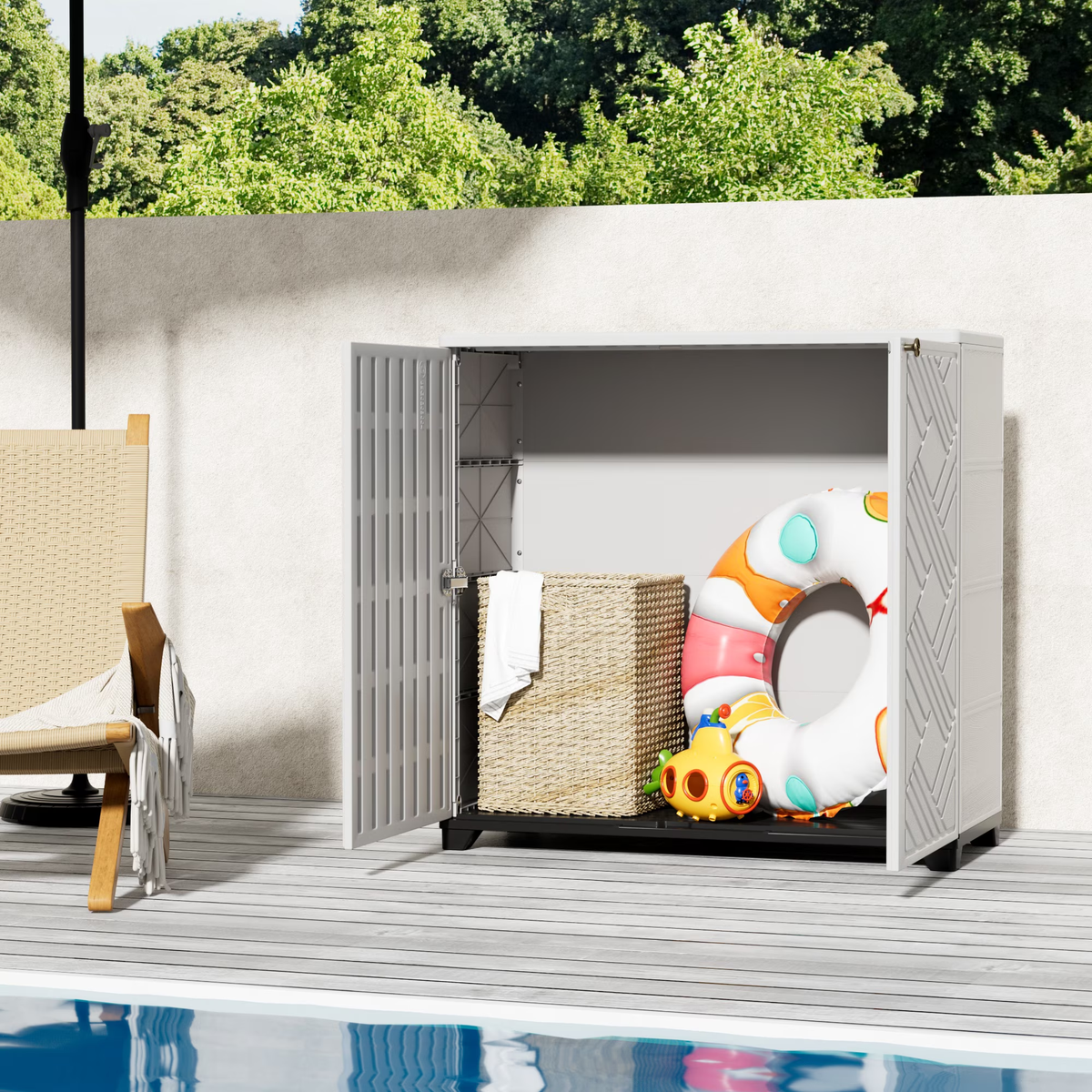 Yardgrace 34" Corner Outdoor Storage Cabinet, Weatherproof Resin Diamond Shed for Small Spaces, Black Or White