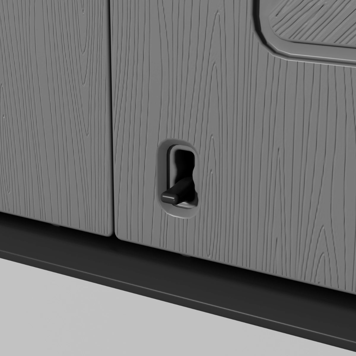 Exterior wall panel and lock detail on outdoor storage shed