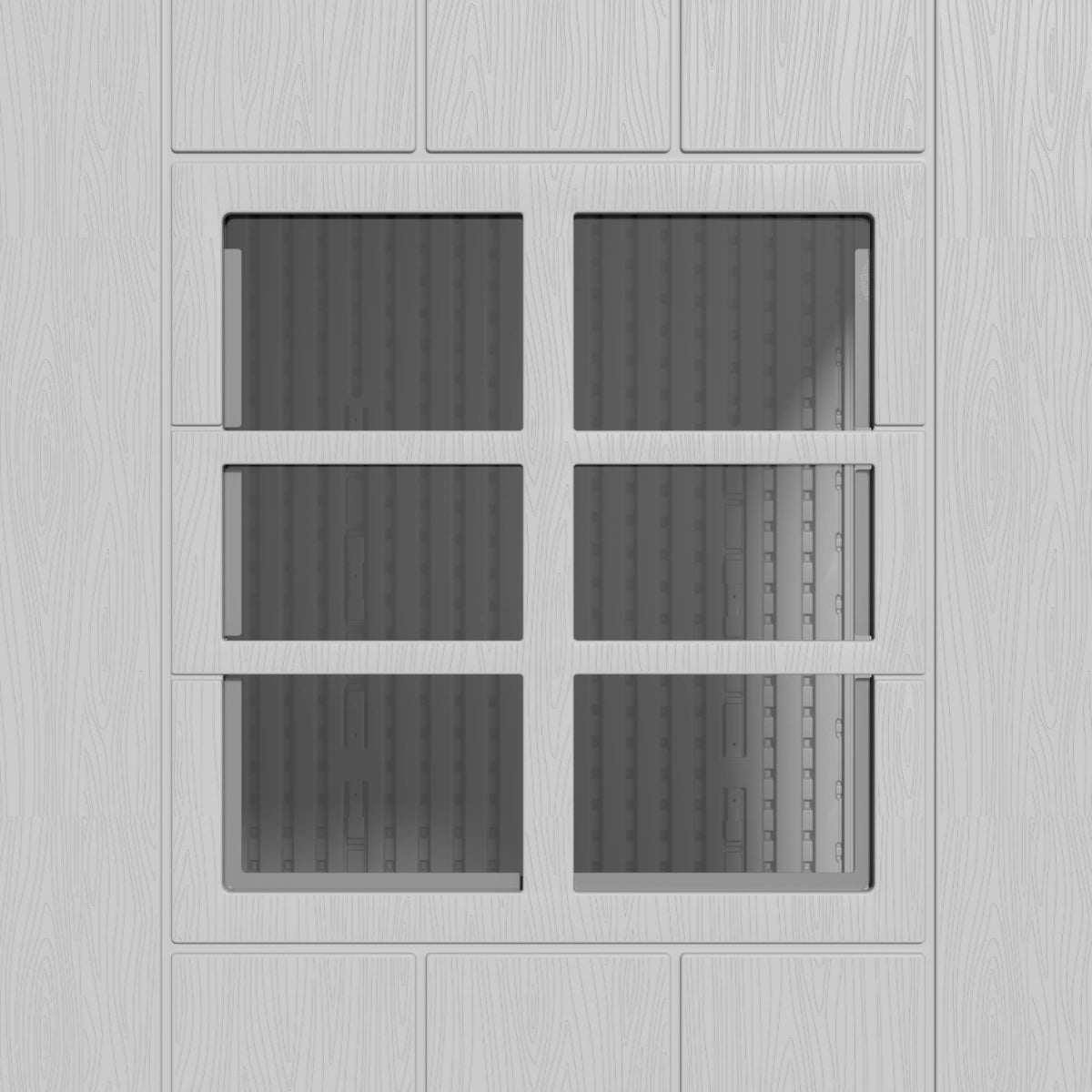 Storage shed window detail with divided panes