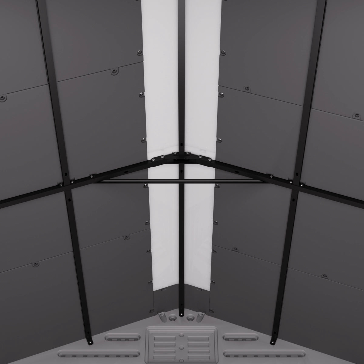 Interior roof structure of expandable outdoor storage shed