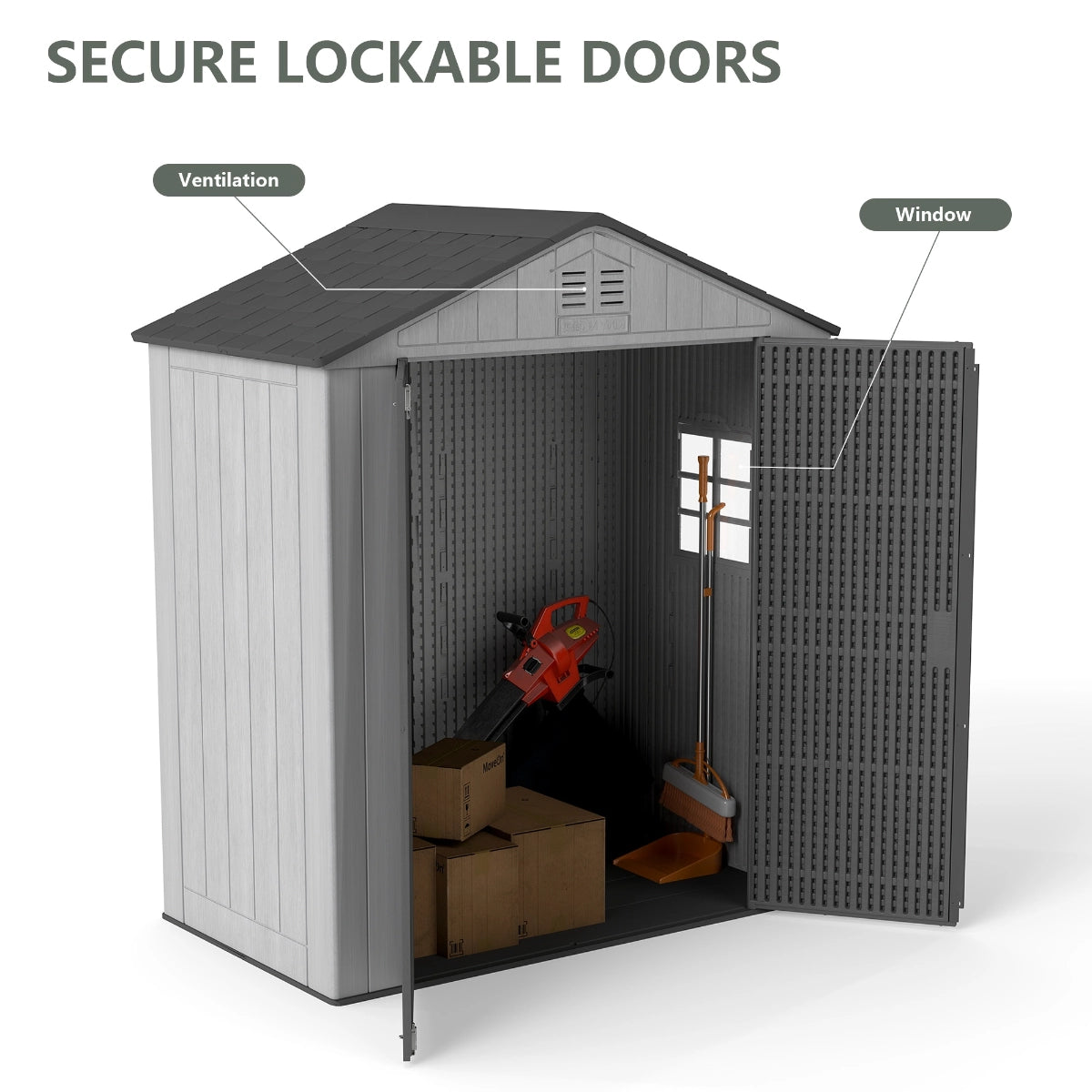 Outdoor storage shed with secure double doors shown open