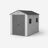 Expandable storage shed interior with wall-mounted tools and shelves