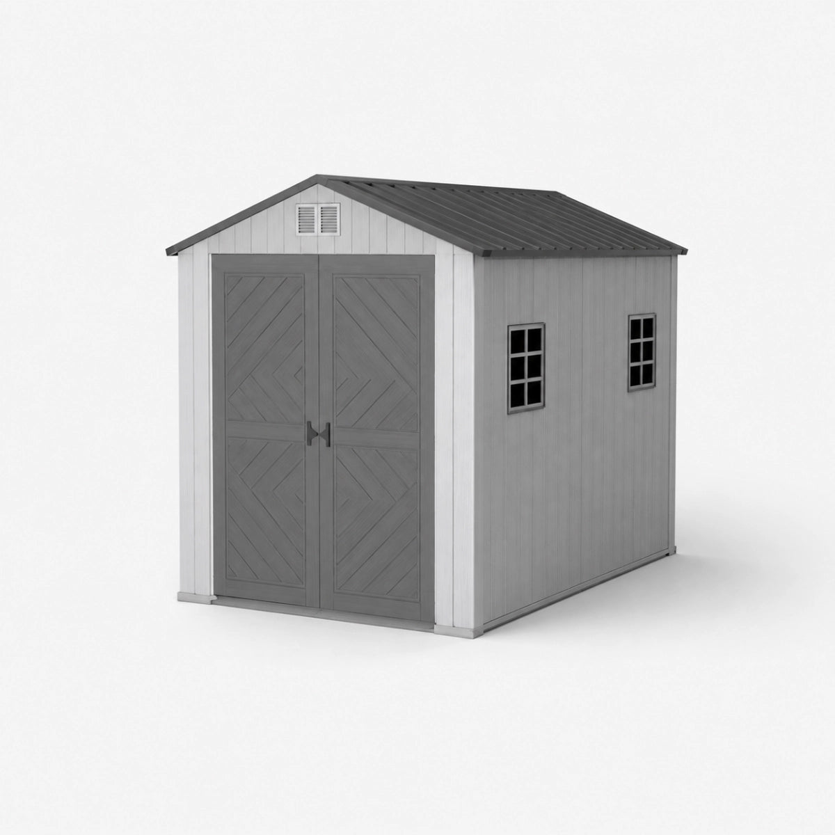 Expandable storage shed interior with wall-mounted tools and shelves