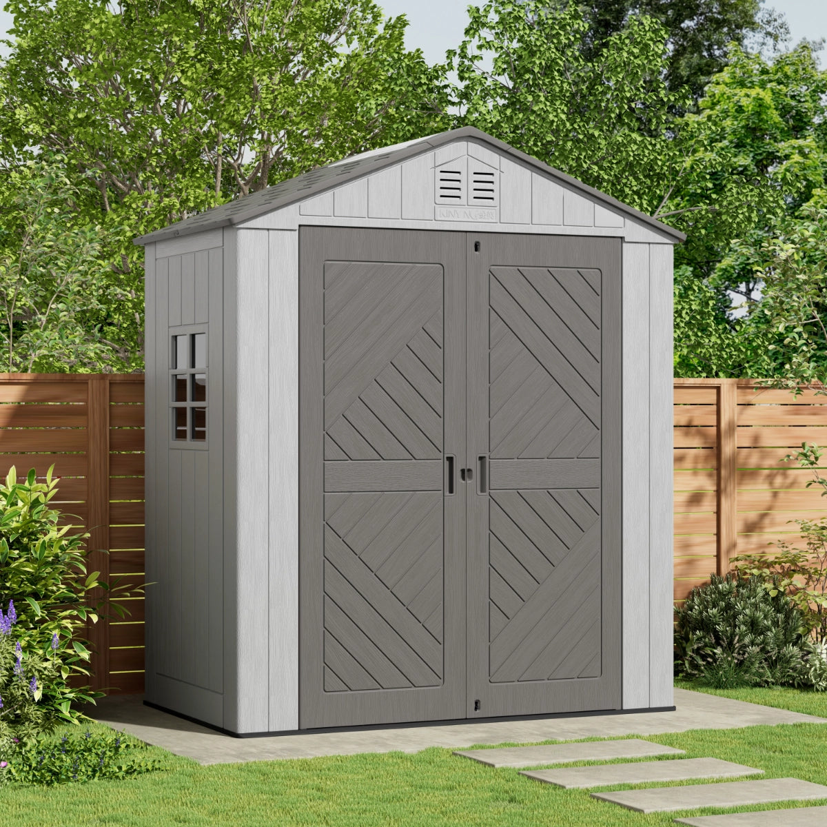 Large backyard storage shed organized with tools and equipment