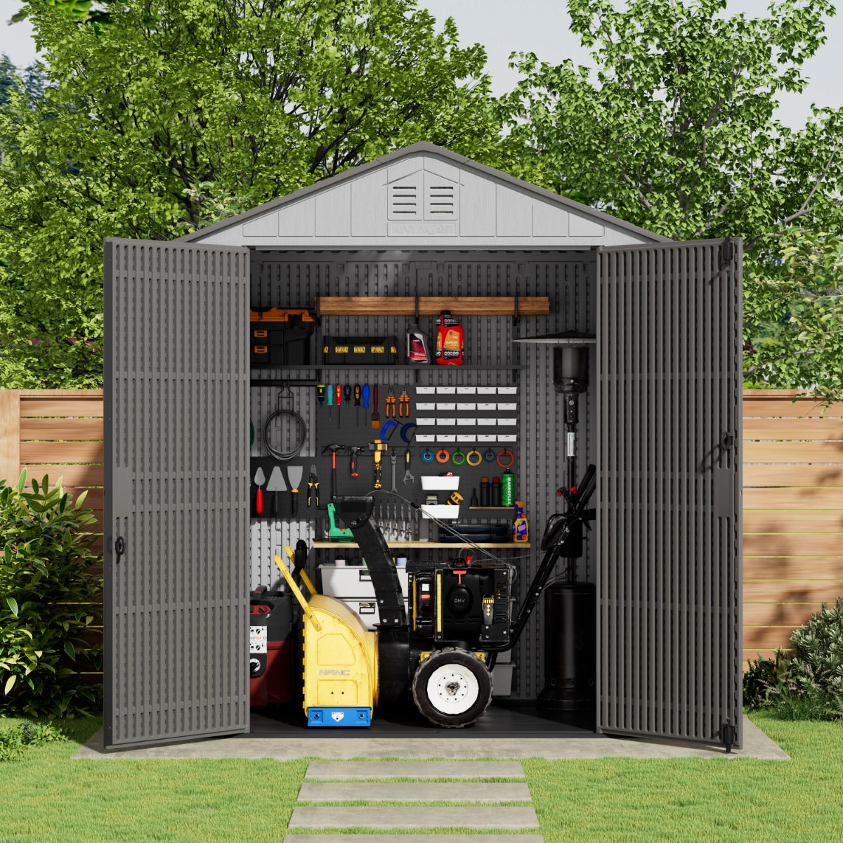 HDPE gable roof shed installed in a landscaped backyard