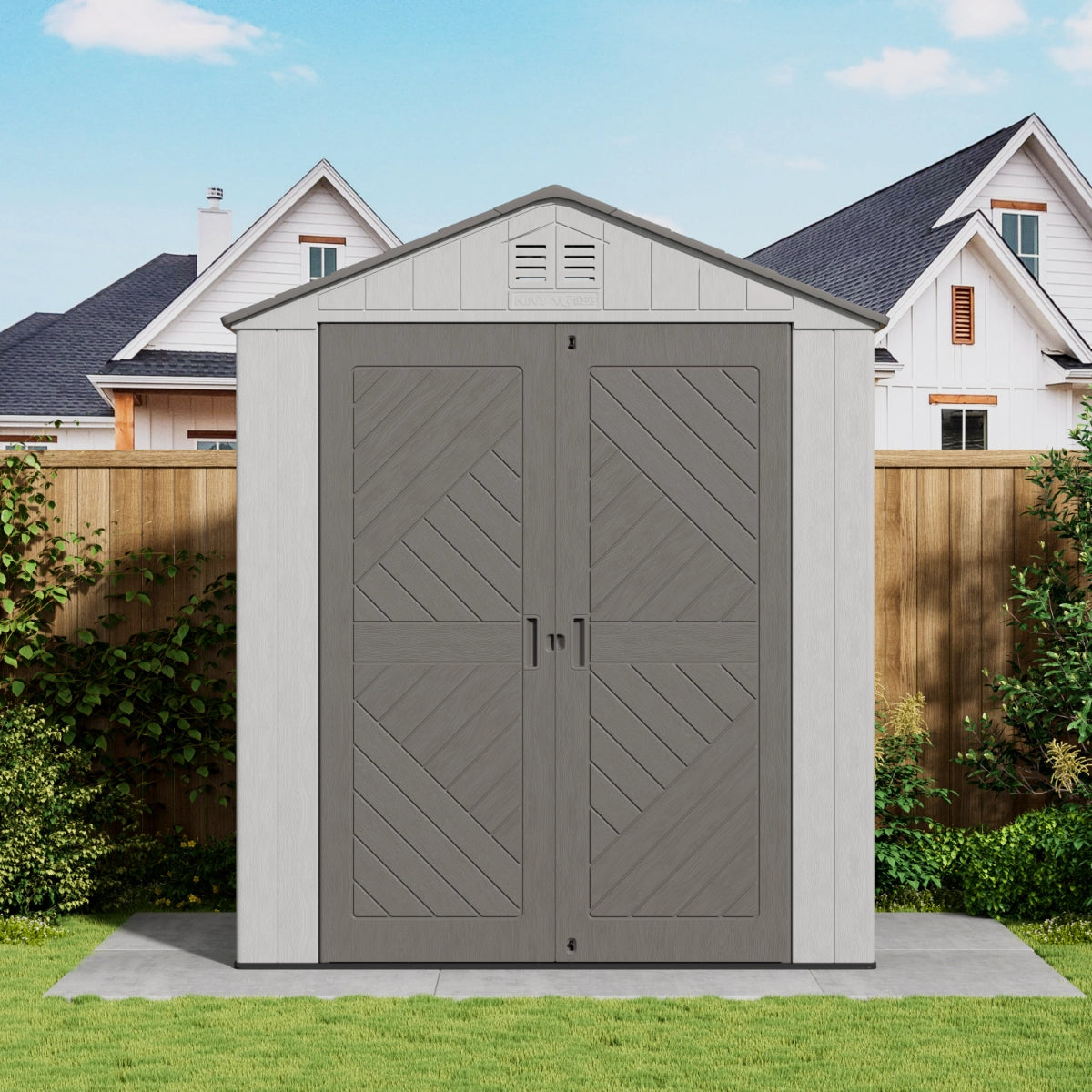 Expandable storage shed with closed double doors beside a house
