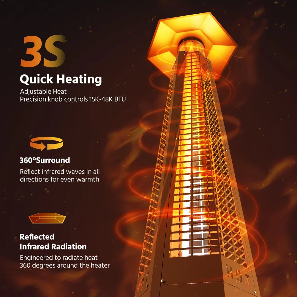 Tower patio heater with fast heating and radiant heat distribution