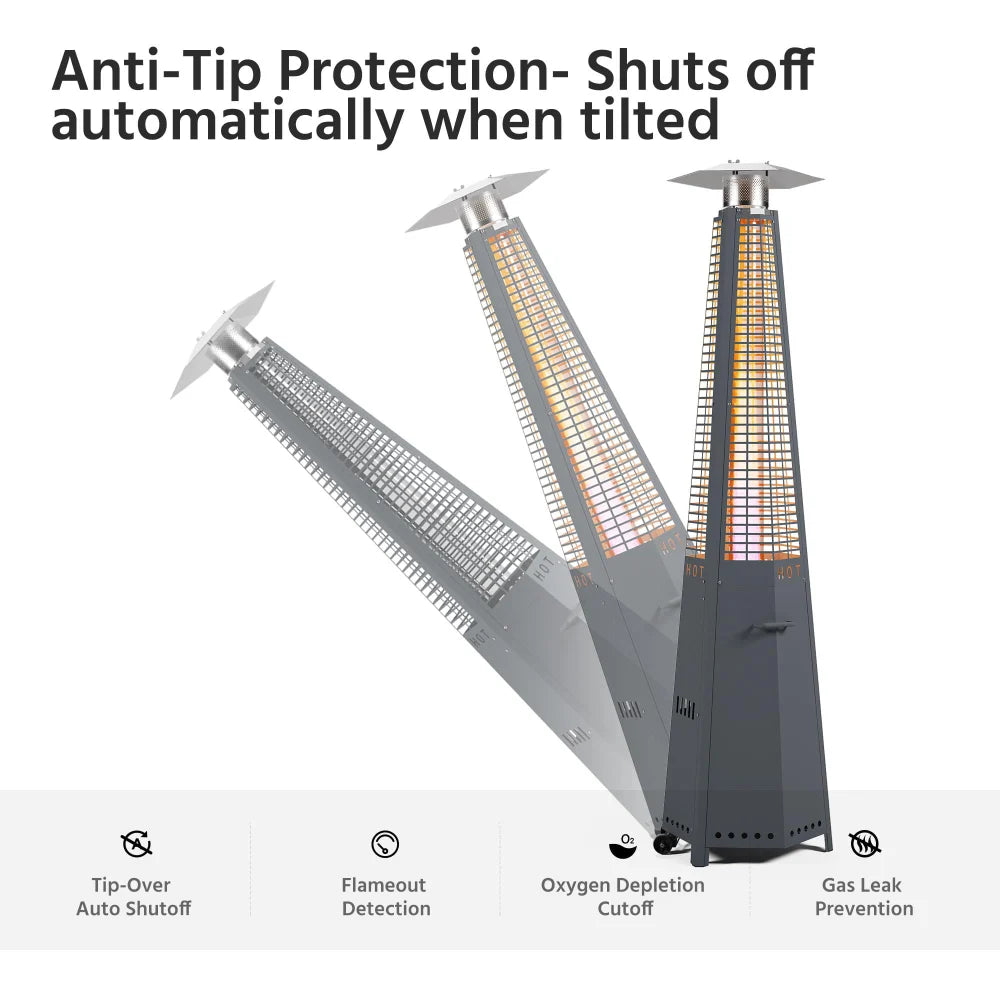 Tower patio heater with automatic anti-tip shut-off protection