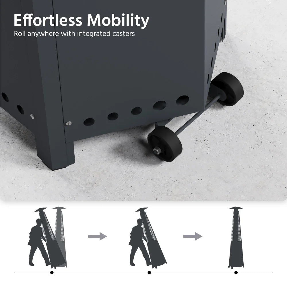 Tower patio heater with built-in wheels for easy mobility