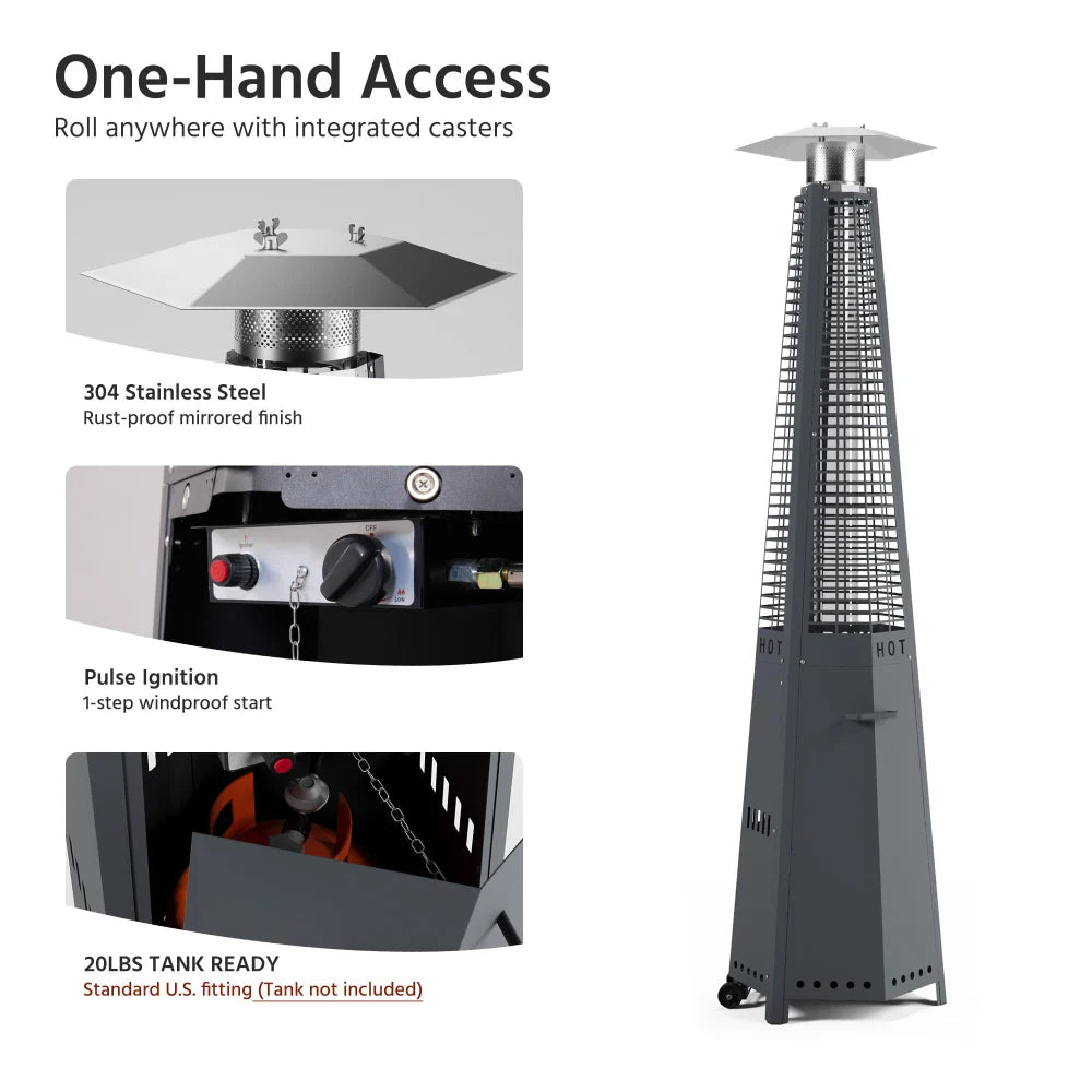 Propane patio heater with one-hand access to hidden tank compartment