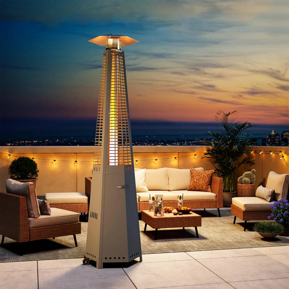 Outdoor tower patio heater with visible flame for backyard seating