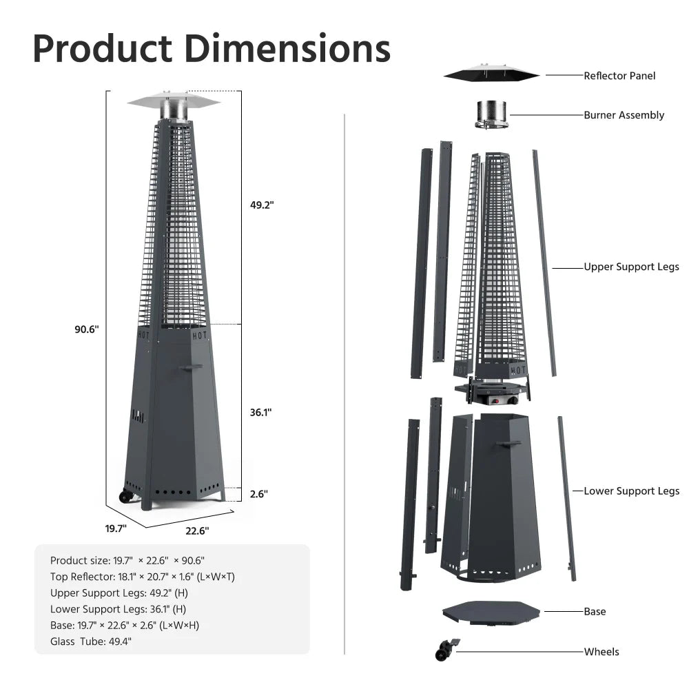Tower propane patio heater product dimensions and construction details
