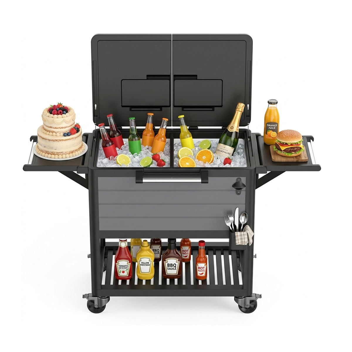 Yardgrace 104 Qt Rolling Ice Chest Cooler Cart, Outdoor Patio Beverage Bar Cart on Wheels with Foldable Shelves, Bottle Opener & Cap Catcher, Brown or Gray