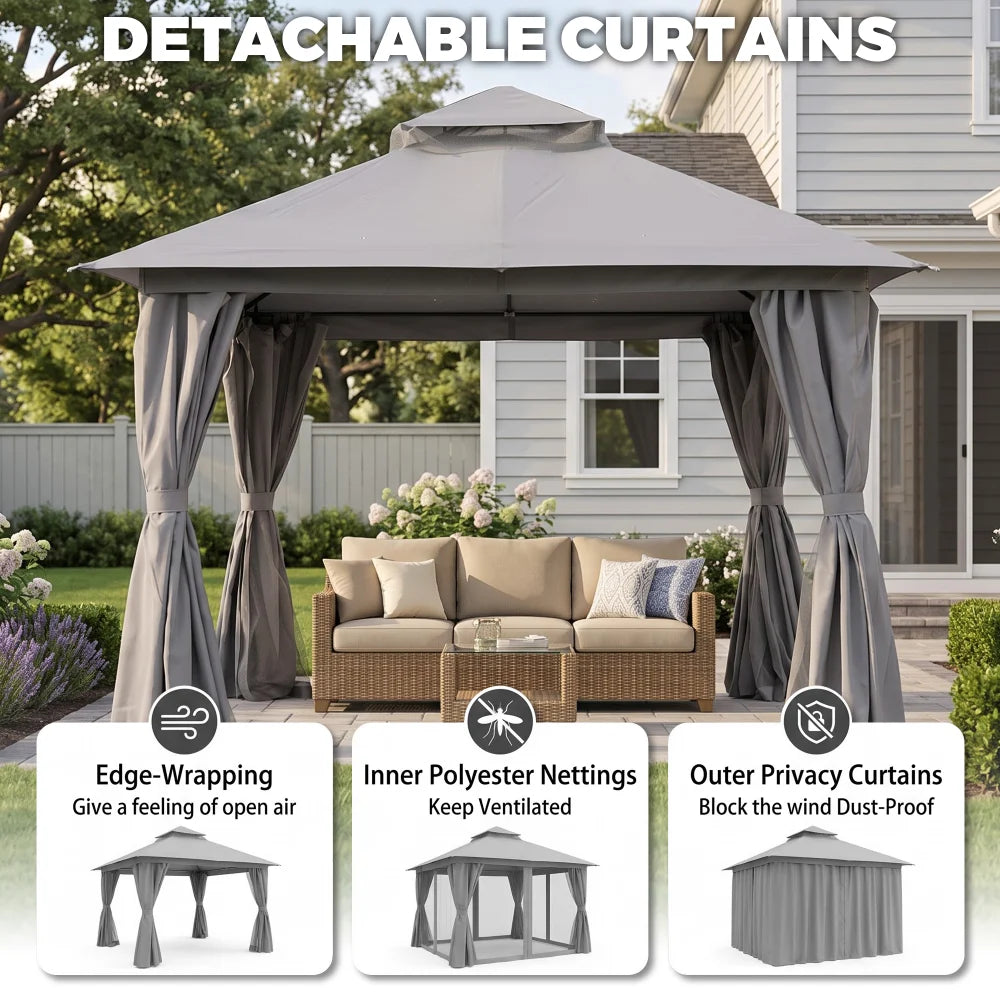Grey 10x10 patio gazebo with detachable privacy curtains