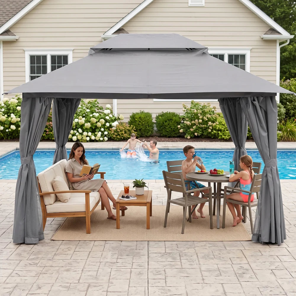 Grey 13x10 outdoor gazebo for poolside patio seating