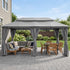 Gray outdoor gazebo with curtains for backyard seating area