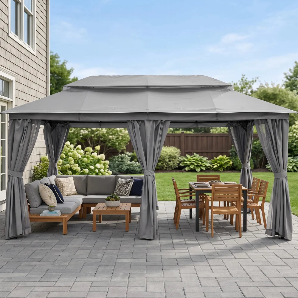 Gray outdoor gazebo with curtains for backyard seating area