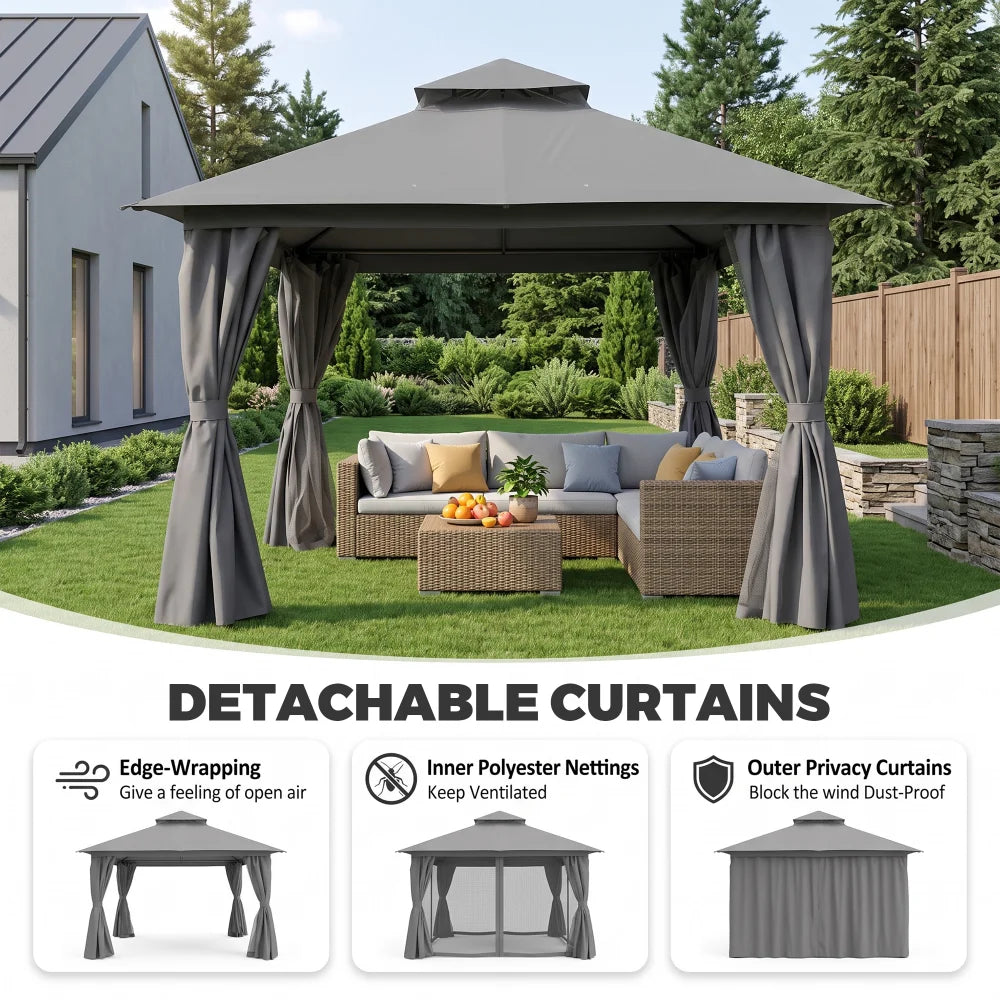 Grey 12x12 patio gazebo with detachable privacy curtains