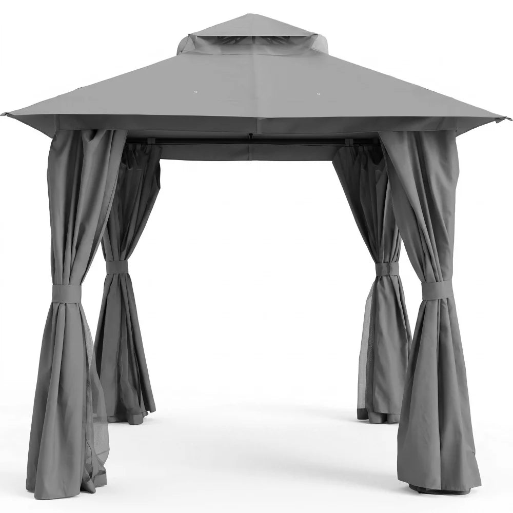 Gray 8x8 soft top patio gazebo with curtains