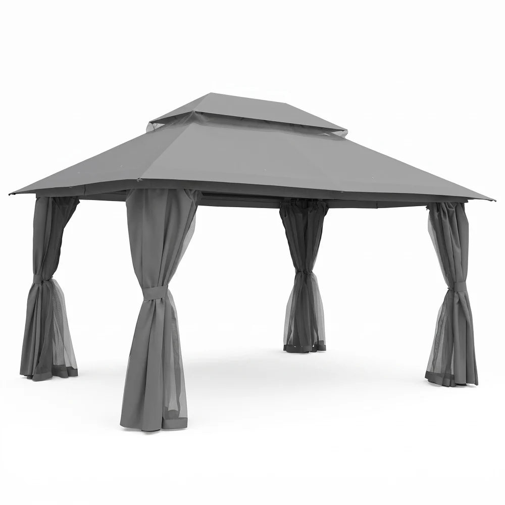 Grey 13x10 soft top patio gazebo with curtains