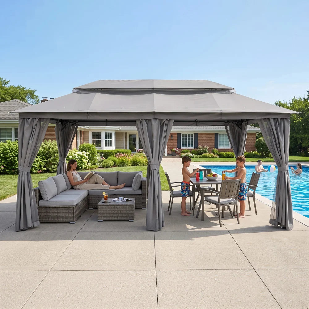 Gray rectangular patio gazebo for outdoor dining and seating