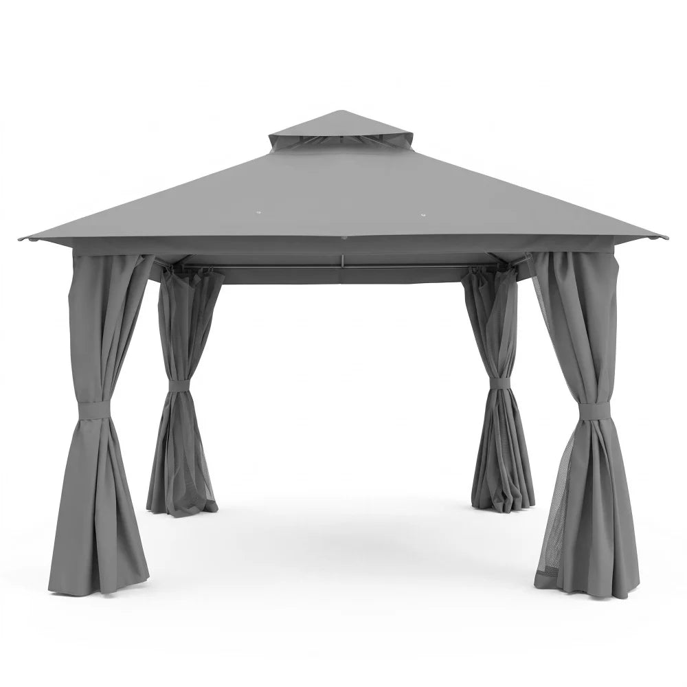 Grey 12x12 soft top patio gazebo with curtains