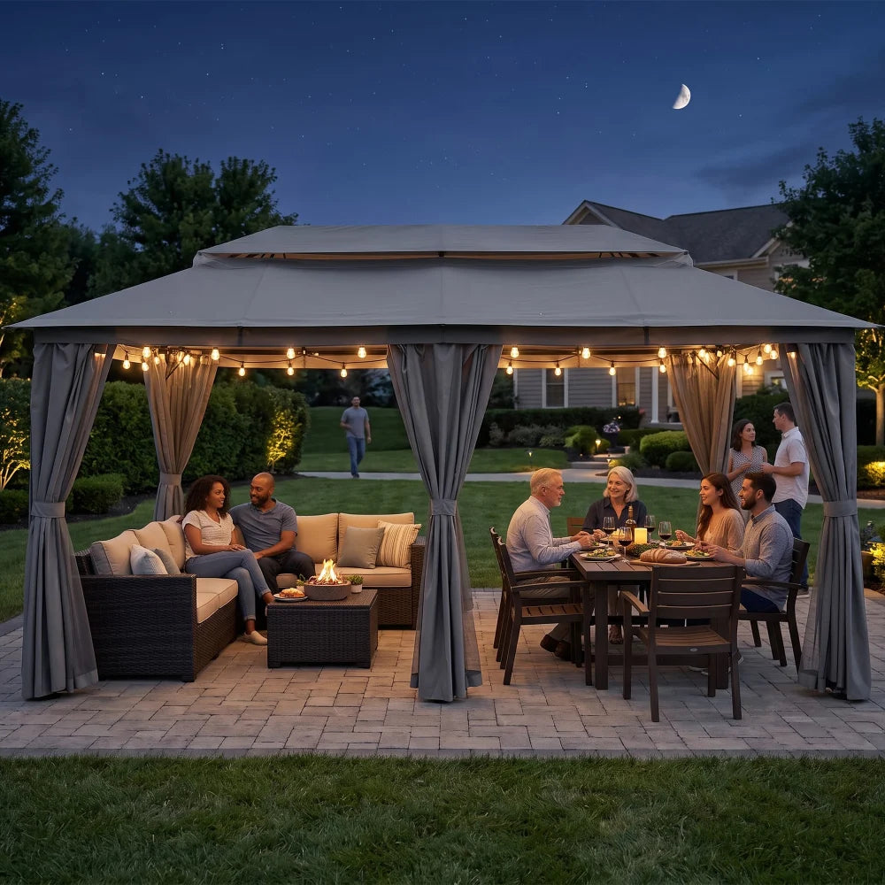 Gray rectangular gazebo for outdoor evening gatherings