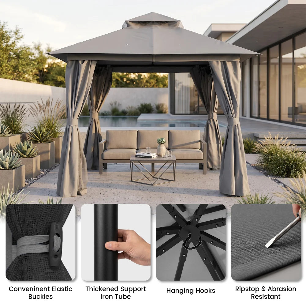 Gray soft top patio gazebo with reinforced frame and ripstop curtains