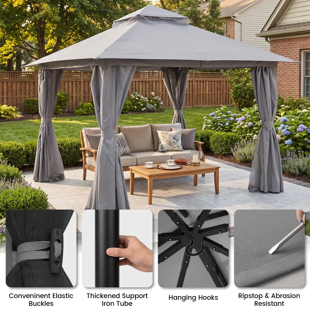 Grey soft top gazebo with reinforced frame and curtain details