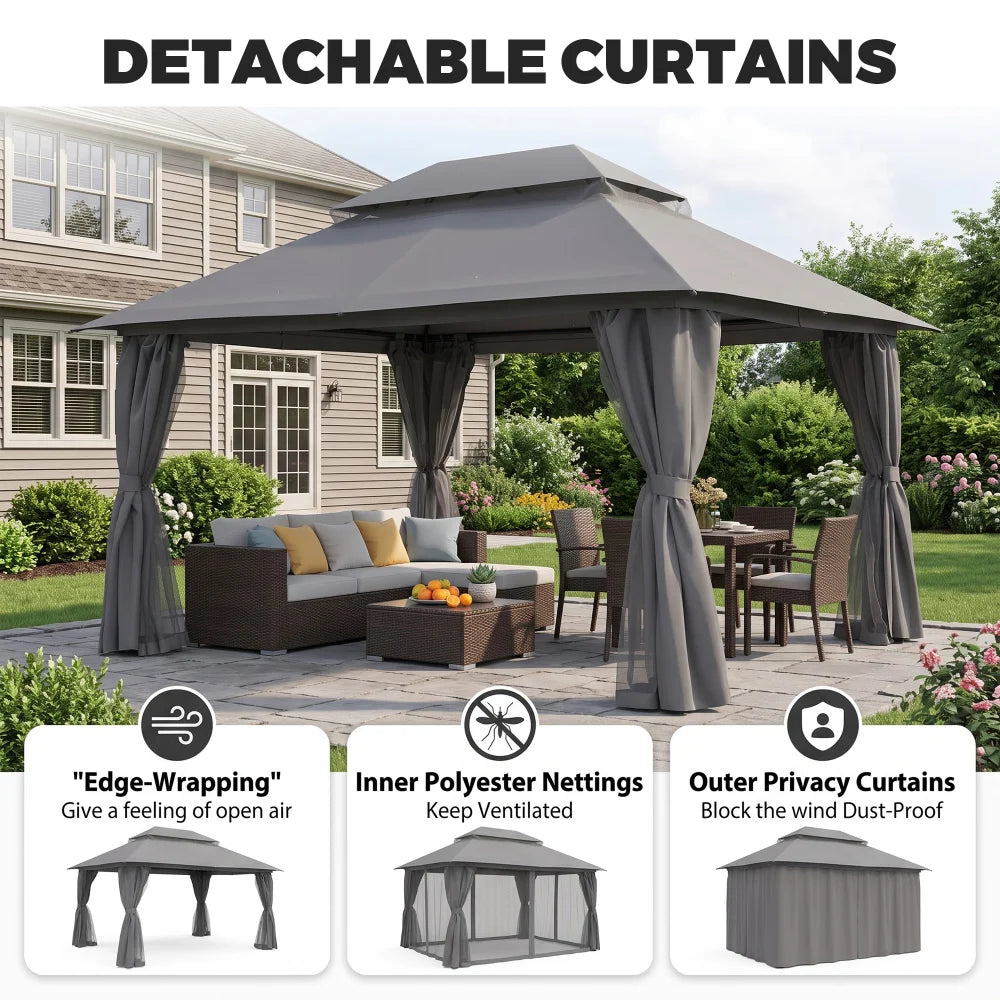 Grey 13x10 patio gazebo with detachable privacy curtains