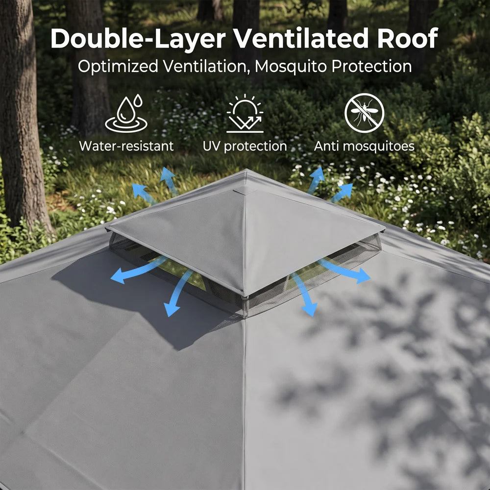 Grey 12x12 soft top gazebo with double-layer ventilated roof