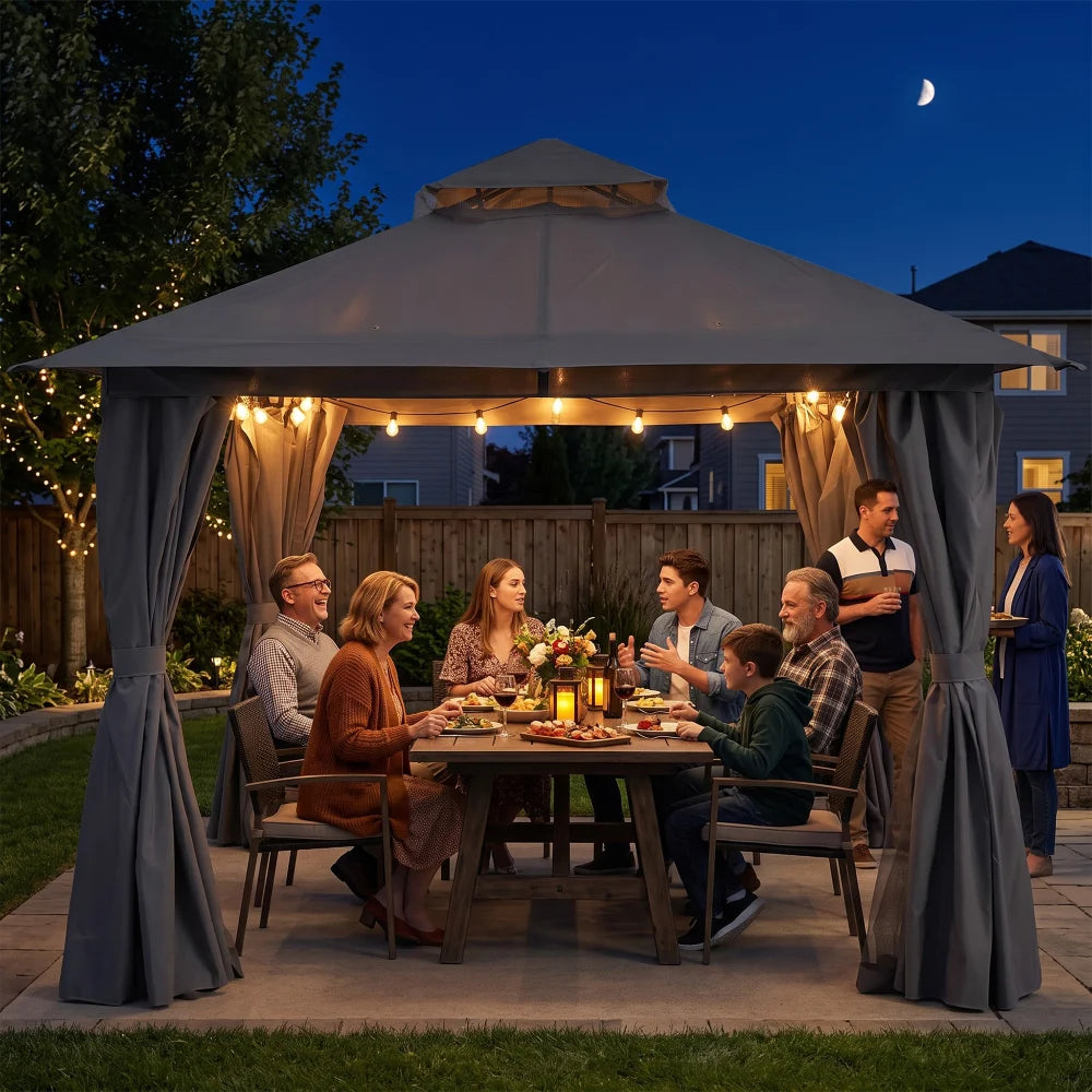 Grey 10x10 patio gazebo for outdoor evening gatherings