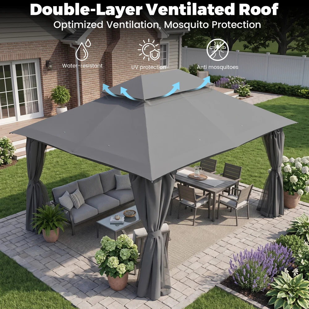 Grey 13x10 gazebo with double-layer ventilated soft top roof
