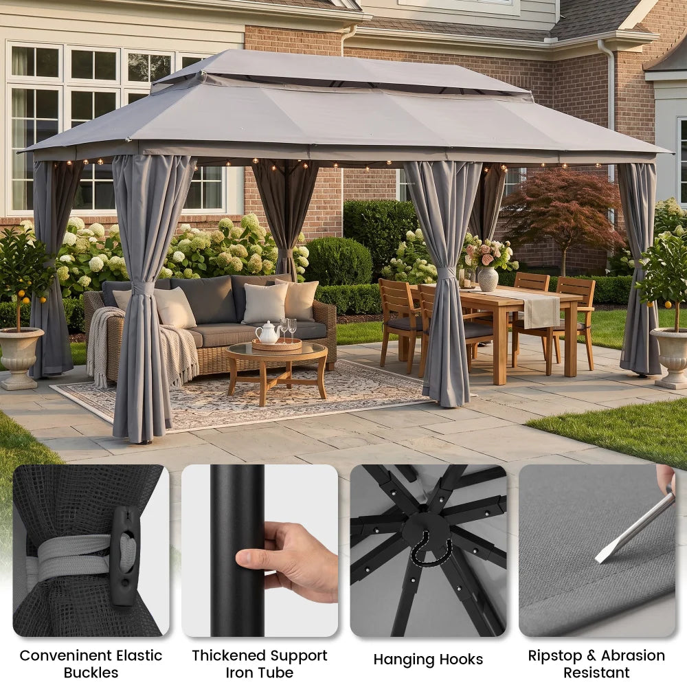 Gray soft top gazebo with reinforced frame and curtain details