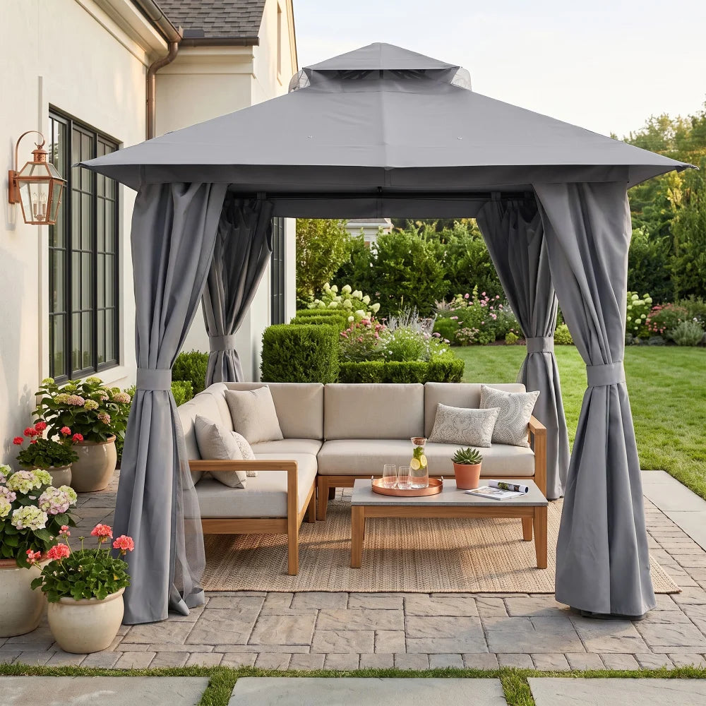 8x8 patio gazebo with curtains over outdoor sofa seating