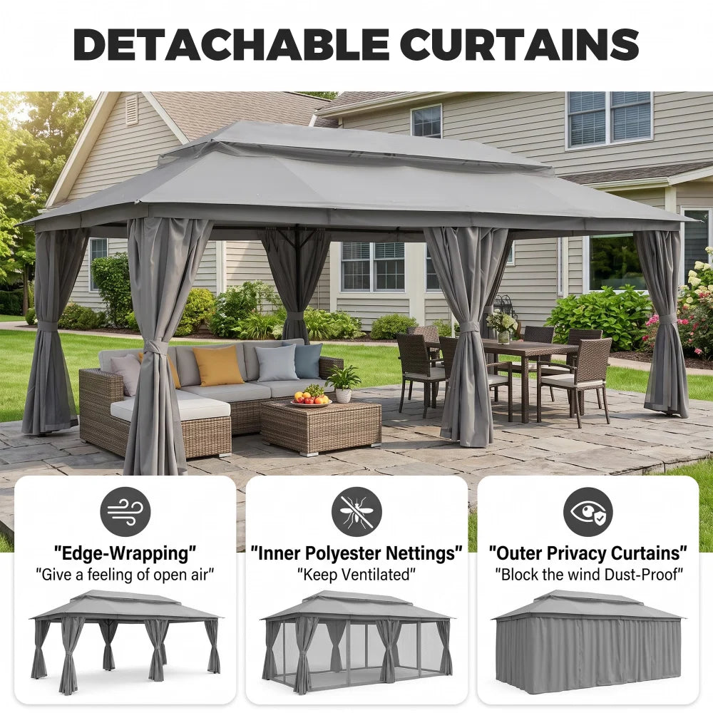 Gray patio gazebo with detachable privacy curtains