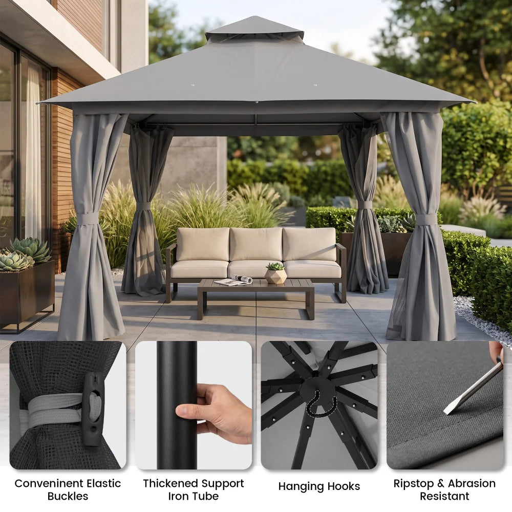 Grey soft top gazebo with reinforced frame and curtain details