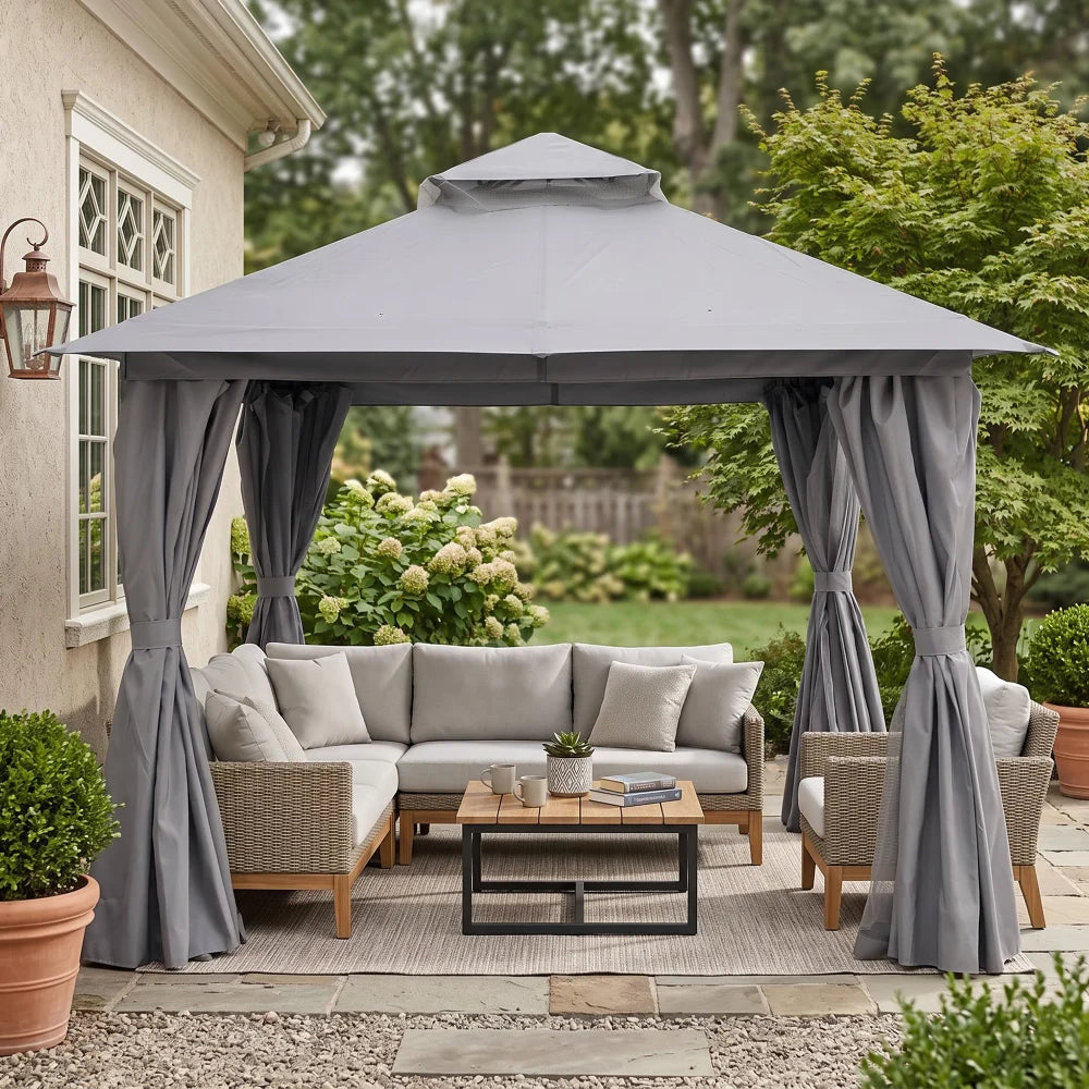Grey 10x10 outdoor gazebo for backyard seating area