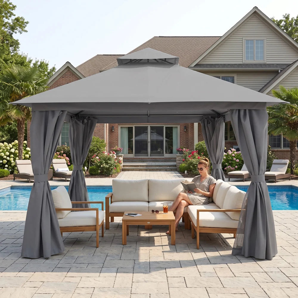Grey 12x12 outdoor gazebo with curtains for patio seating