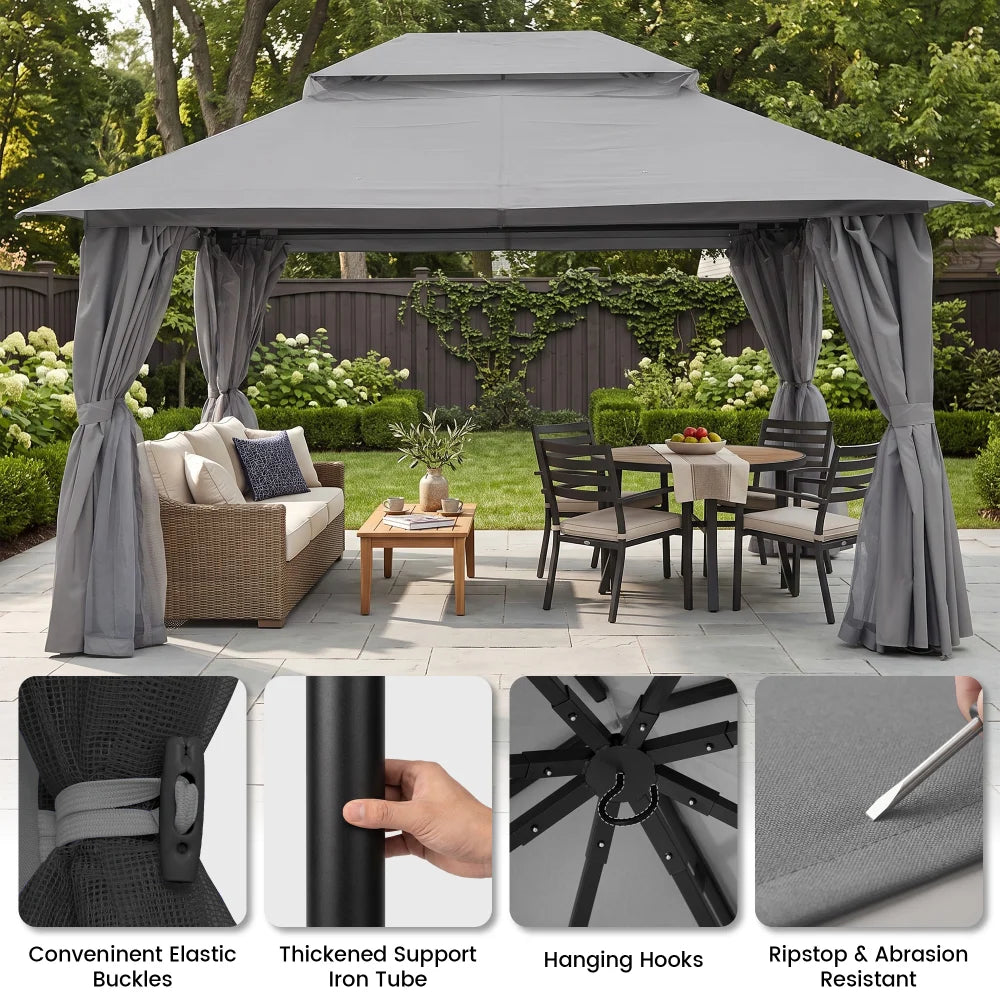 Grey soft top gazebo with reinforced frame and curtain details