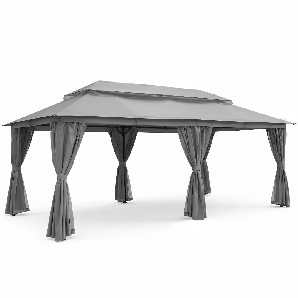 Gray rectangular soft top patio gazebo with curtains