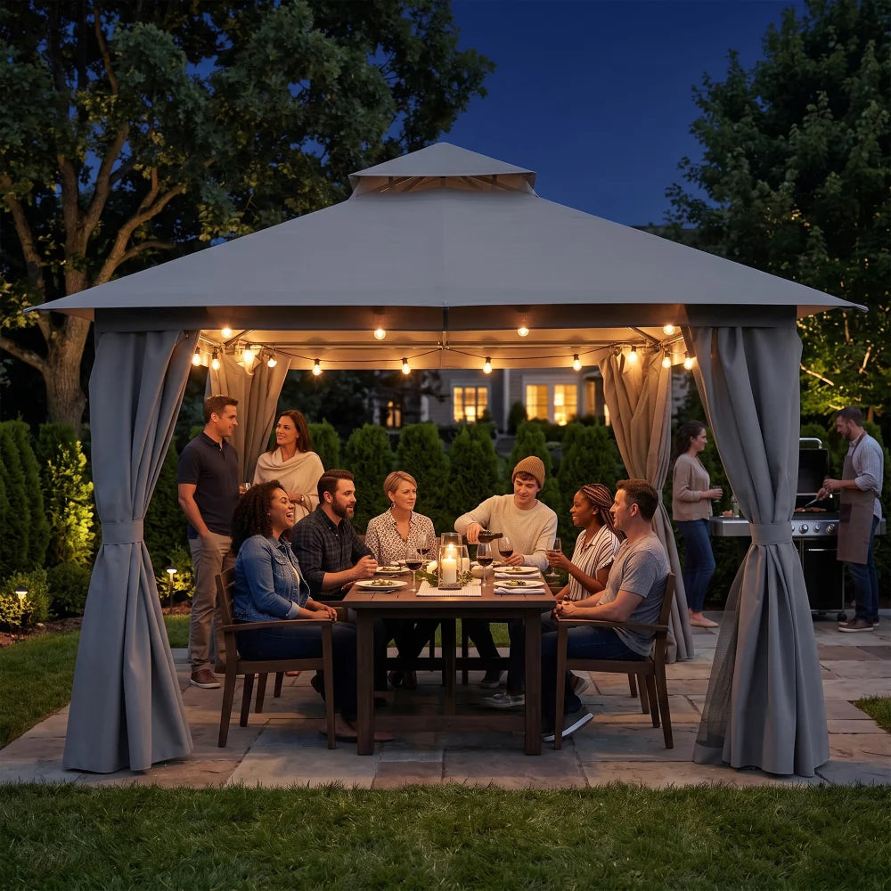 Grey 12x12 patio gazebo for outdoor evening gatherings