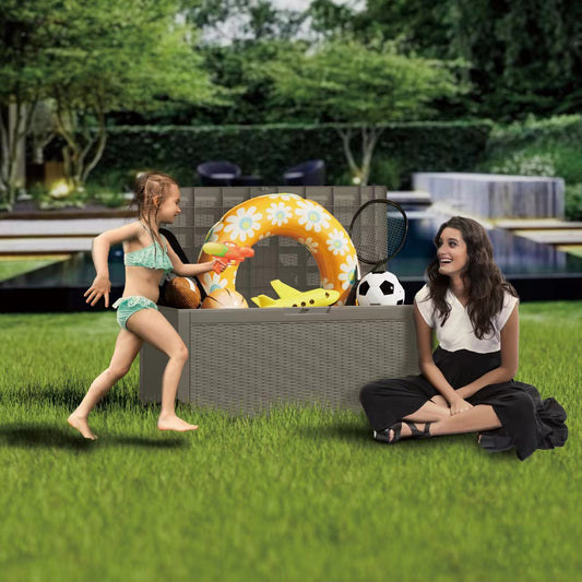 100 Gallon Outdoor Storage Box, Resin Deck Box, Waterproof , Lockable, UV-Resistant, Coffee