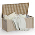 Coffee-colored 120 gallon resin deck box with closed lid