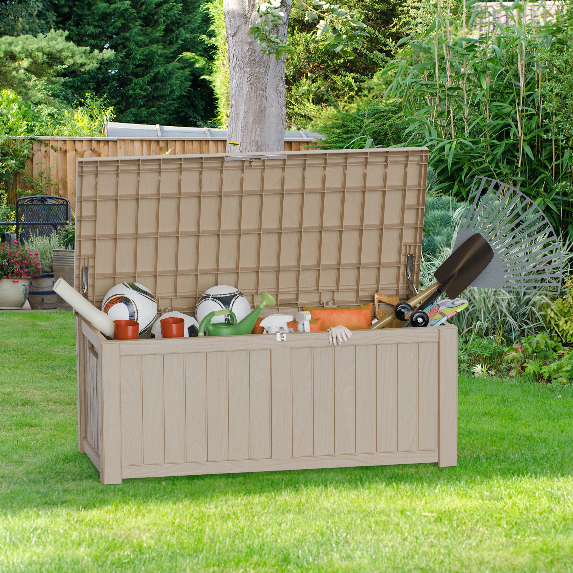 120 gallon deck box with open lid storing patio cushions and outdoor gear