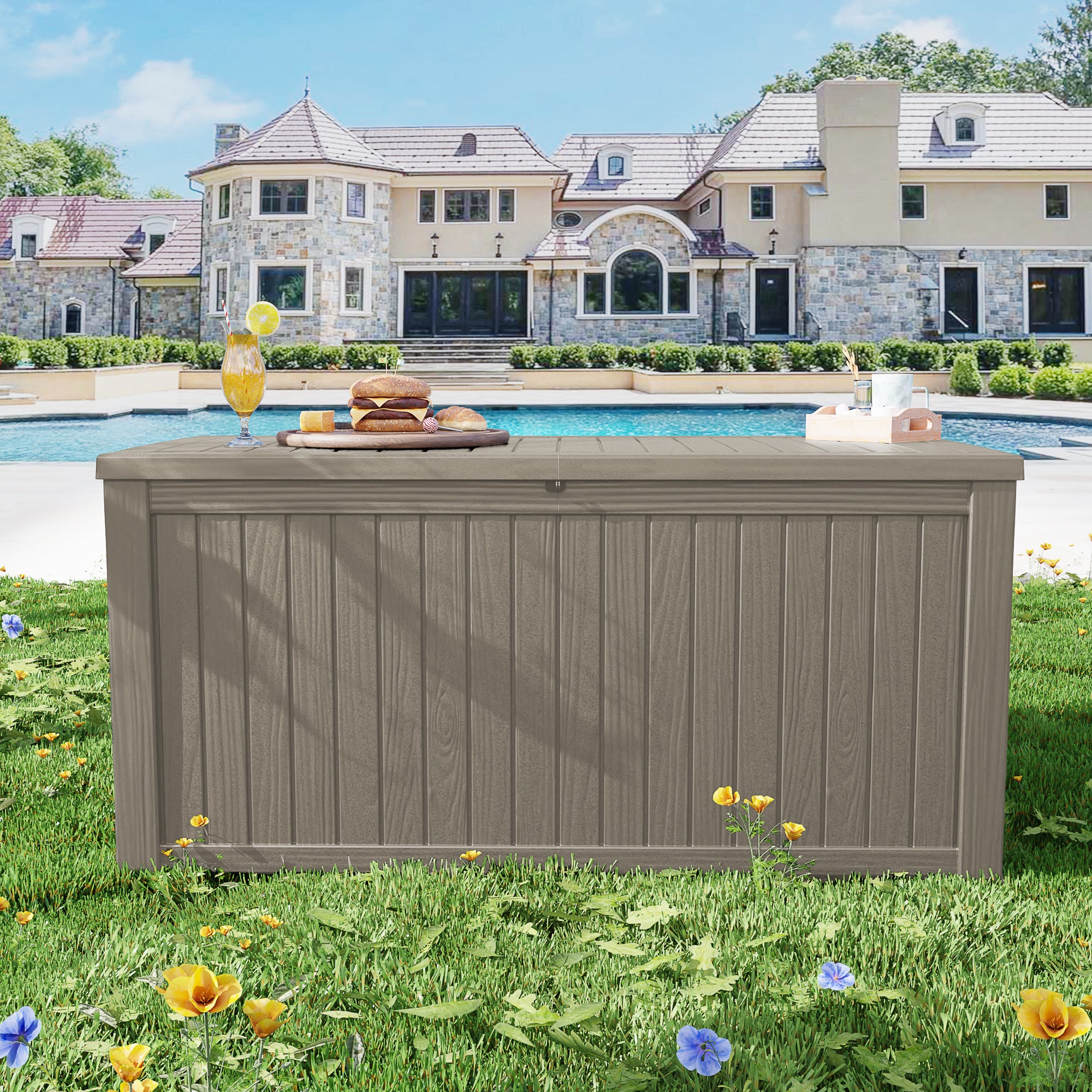 Coffee 180 gallon deck box beside a backyard pool and lawn