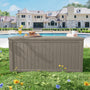 Coffee 180 gallon deck box beside a backyard pool and lawn