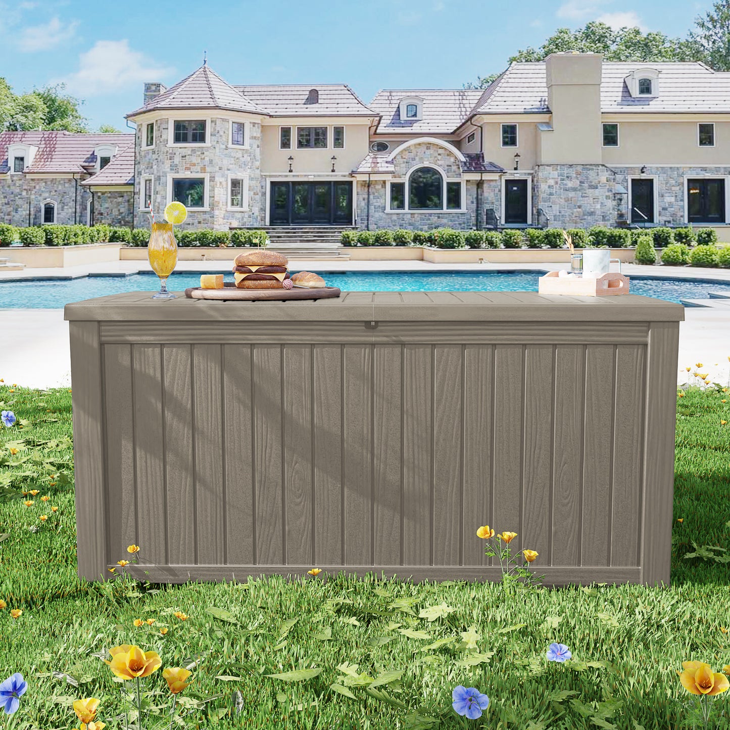 180 Gallon Outdoor Storage Box, Resin Deck Box, Waterproof , Lockable, UV-Resistant, Coffee
