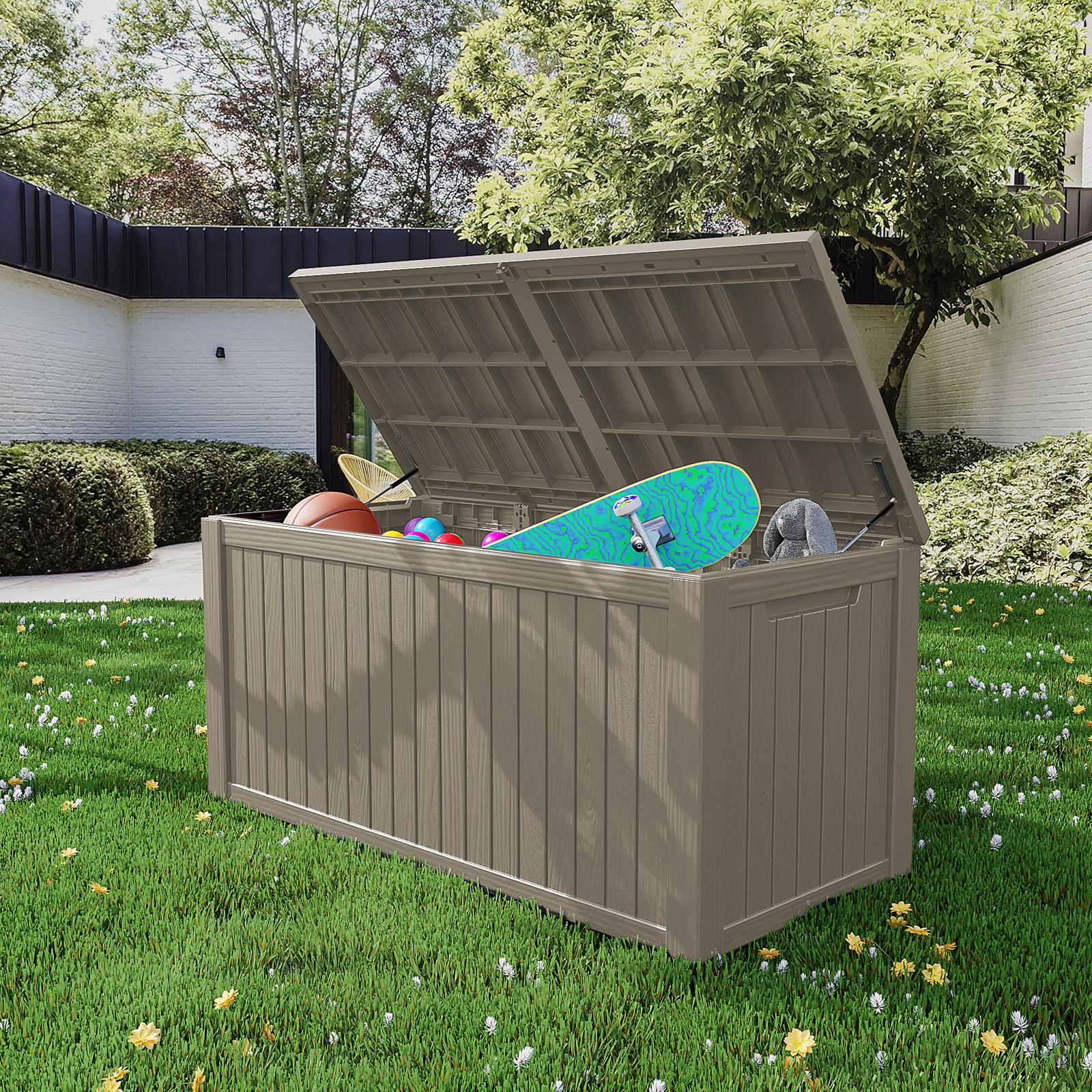 Large outdoor storage box with open lid for patio cushions and pool gear
