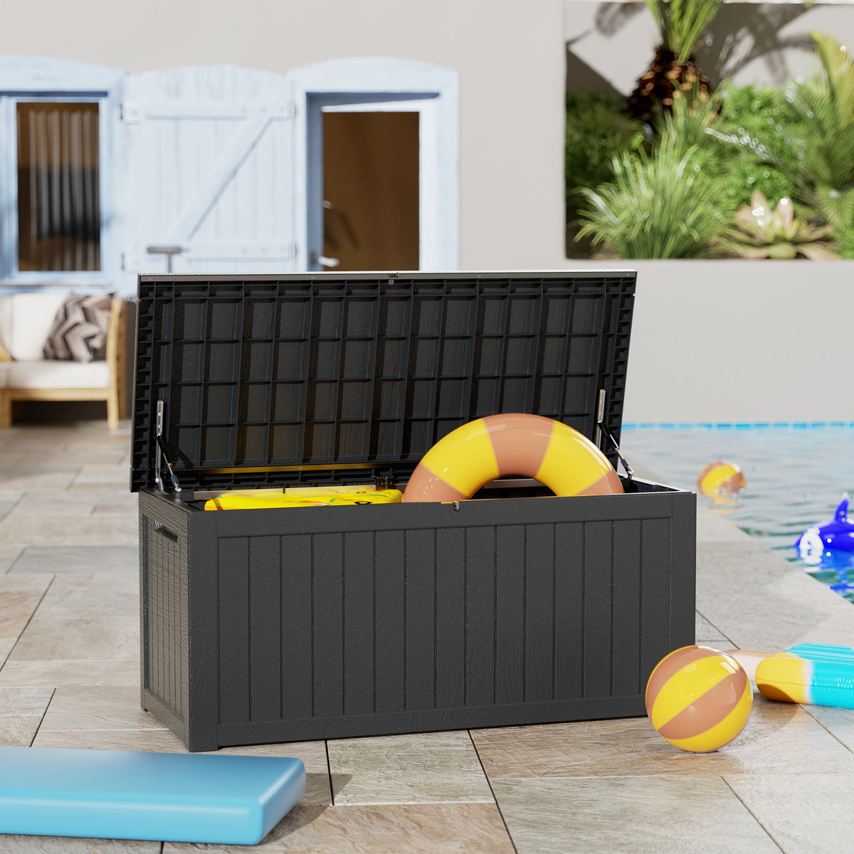 Black outdoor storage box with open lid for poolside gear and accessories
